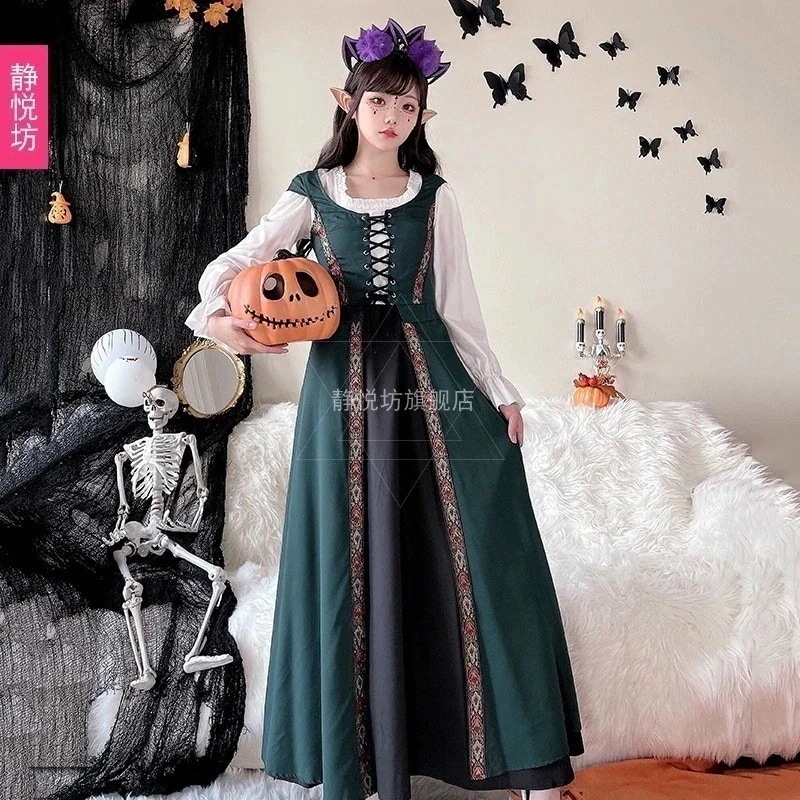 超人気 ヨーロピアン牧歌的レトロメイド服ハロウィン大人用ステージドラマ衣装コスプレ魔女ドレス