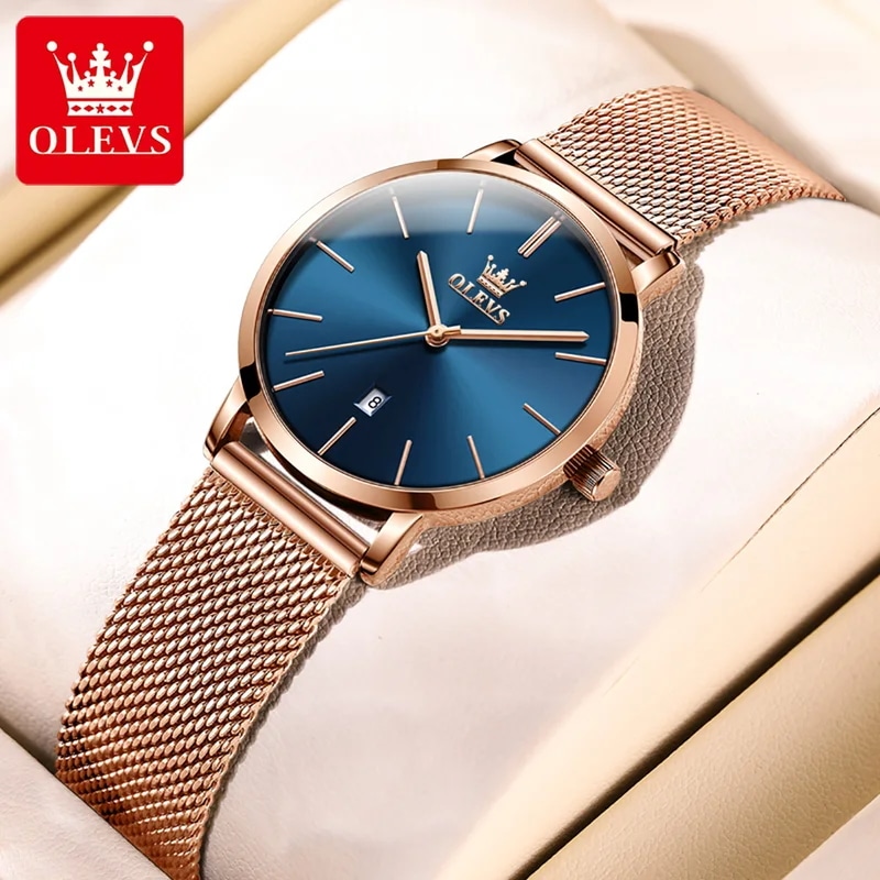 Olevs-女性用ピンクゴールドの時計,高級ブランド,日本の動き,クォーツ,超薄型,カレンダー