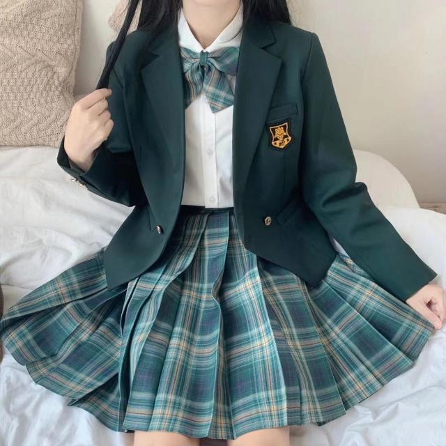 4点セット(グリーンブレザー+スカート+リボン+ブラウス) 制服スクールスウィートティーン ジャケットJK就職活動面接ブラックアウターコート高校生中学生学生制服 卒業式入学式冬秋春夏