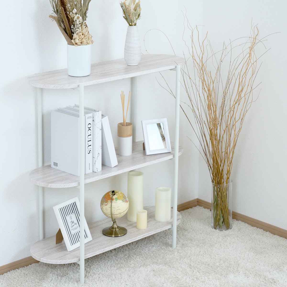 【在庫処分特価】 オープンラック 幅82cm 3段 オーバル型 韓国インテリア LH17669 ラック シェルフ オーバル 本棚 収納 棚 飾り棚 木目調 ディスプレイ ホワイト スチール