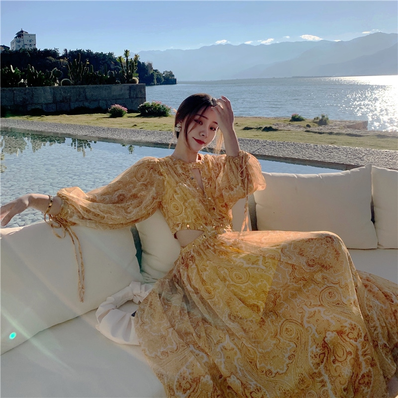 【送料無料】レディース ワンピース ドレス 透け感 長袖 ロング丈 Ｖネック ジッパー