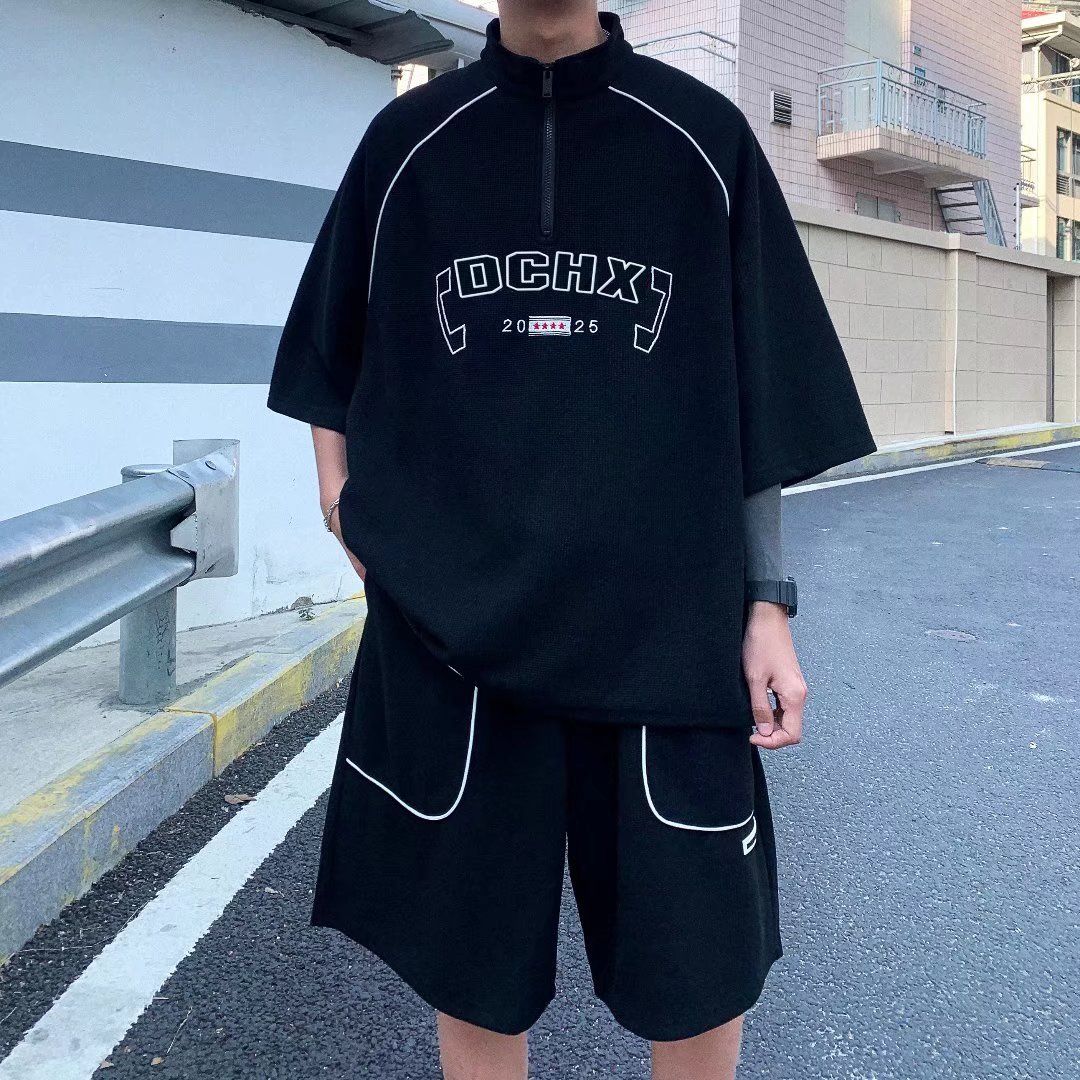 ワッフルレジャースポーツスーツメンズ薄手ハンサム半袖ショーツツーピースセット