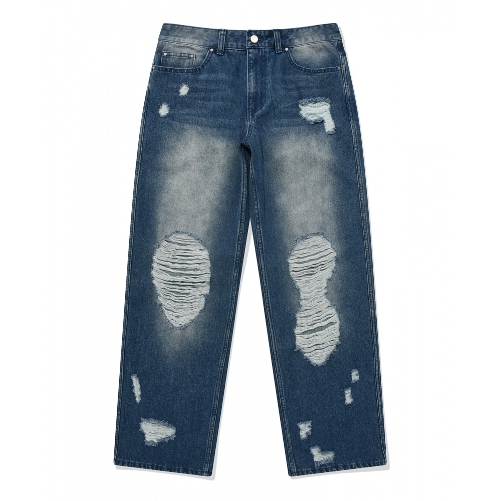 FALLETT デストロイドワイドデニムパンツブルー