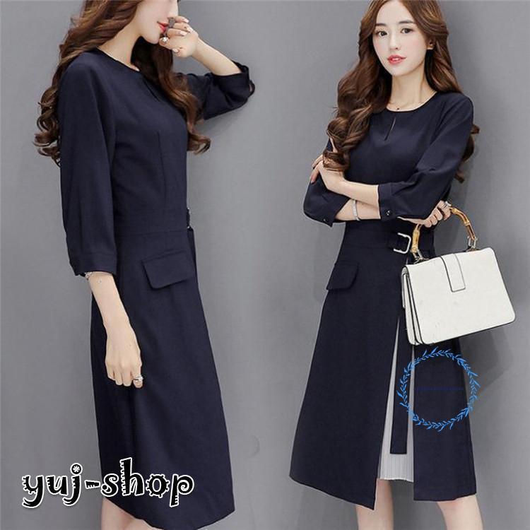 サイドプリーツワンピース フォーマル ワンピース 秋冬 冬 大きいサイズ 大人 韓国 大人可愛い 結婚式 服装 女性 40代 きれいめ 50代 ネイビー マタニティ