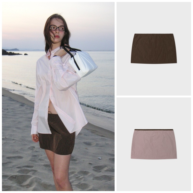 【LOW CLASSIC】 LAYERED REVERSIBLE MINI SKIRT : PINK BROWN