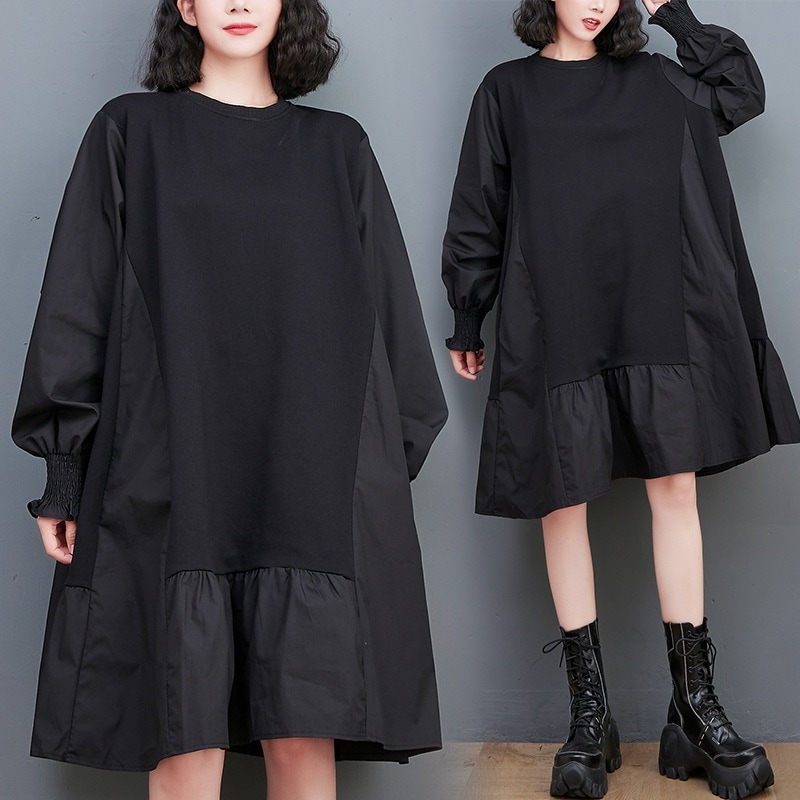 オーバーサイズルーズワンピース ワンピース 長袖 ラウンドネック Aライン 膝丈 無地 ハイウエスト ルーズ 韓国 レディース オルチャン 可愛い 大人可愛い 大人女子 シンプル きれいめ