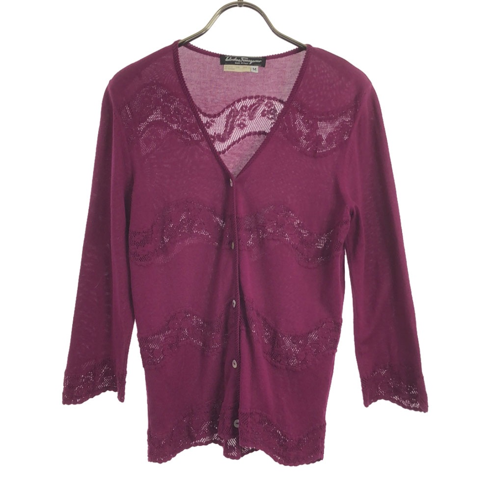 サルヴァトーレフェラガモ イタリア製 7分袖 Vネック カーディガン M ピンク Salvatore Ferragamo かぎ編 レディース