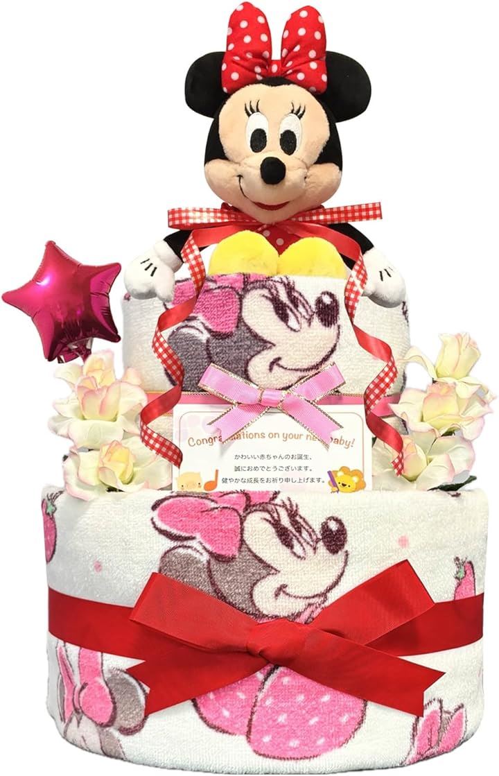 おむつケーキ 女の子 出産祝い 赤ちゃん 誕生日 ベビーシャワー ギフト(ピンク, 2段 Sサイズ)