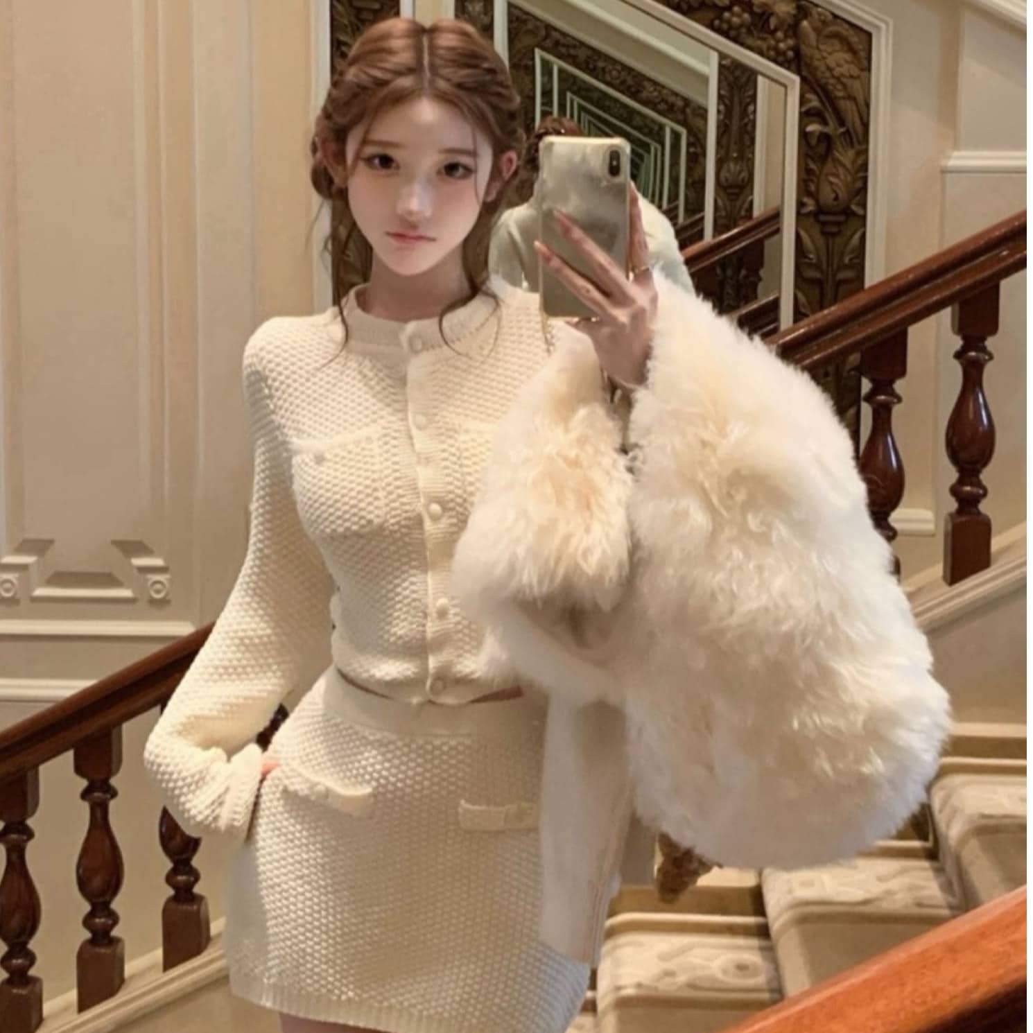 クリーミーくるみボタンワッフルニットセットアップ