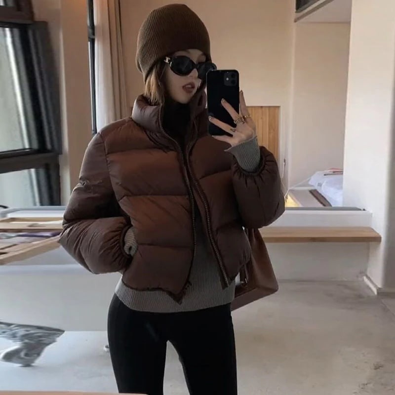 アメリカパンのダウンジャケット女性の短い冬の新しいファッションの立襟の小さい背が厚くてゆるいカップルのコートが湿っている