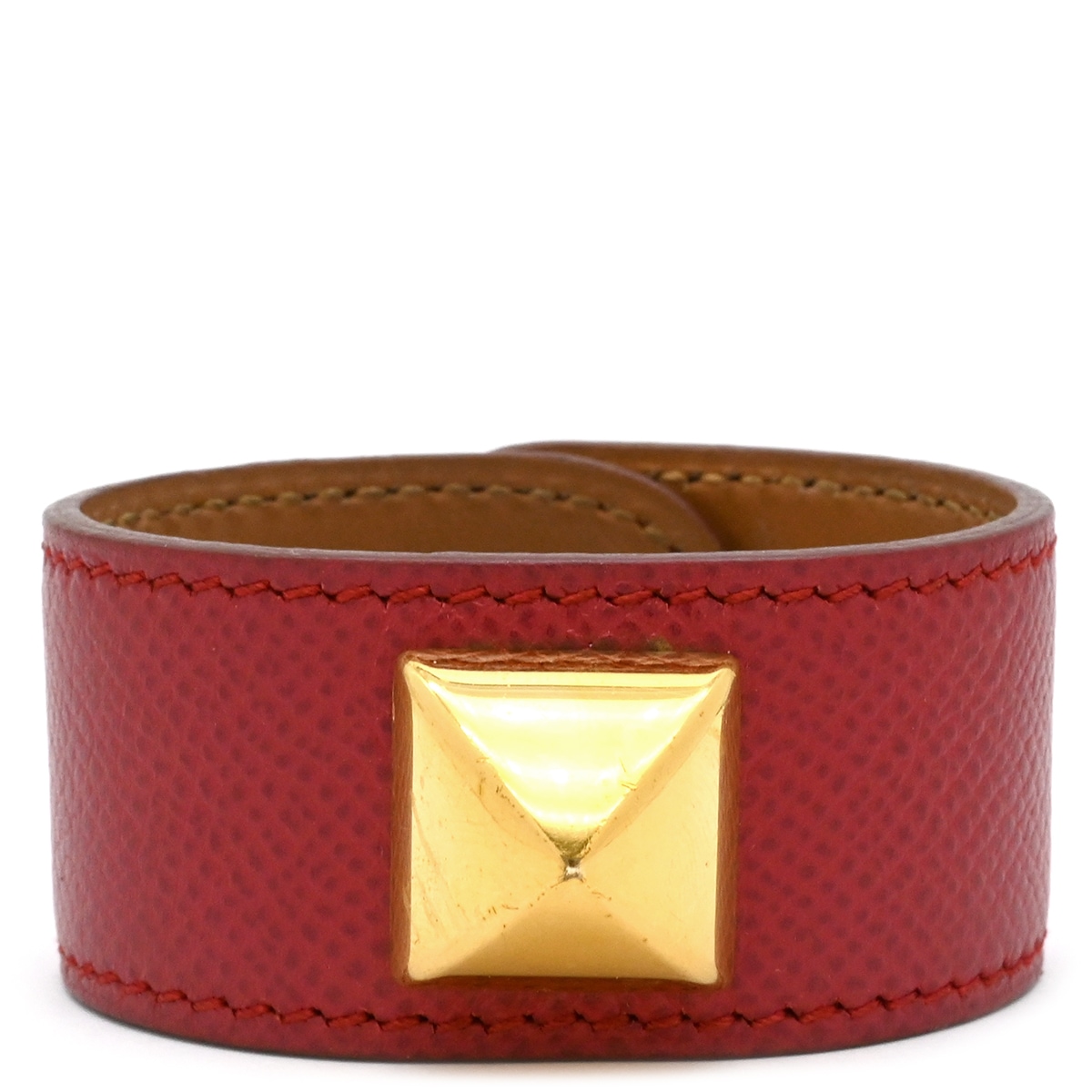 エルメス ブレスレット メドール ヴォーエプソン GP レッド ゴールド金具 レザーブレス スタッズ 【箱】【中古】