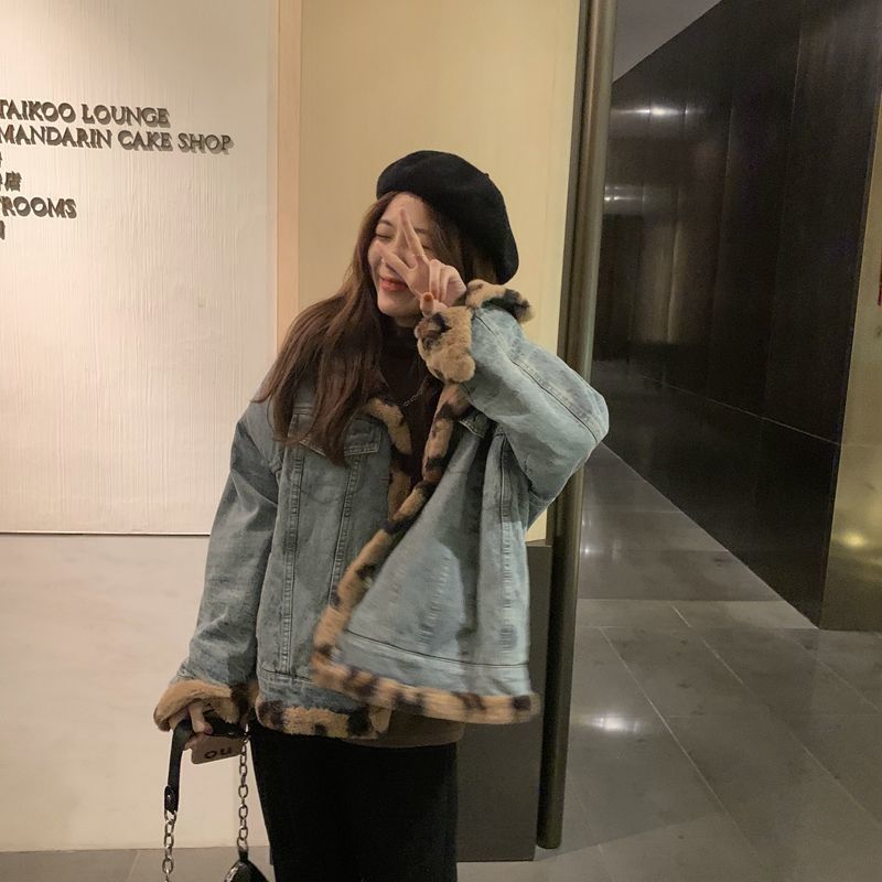 秋冬 冬アウター 秋トレンチコート ムートンファッションデニムコート 秋冬秋アウター 豹柄 裹起毛 厚手防寒 両面着用百掛けデニムジャケット韓国ファッション30%までに制限