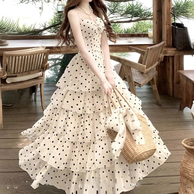 ロング ワンピース きれいめ ドット柄リゾート優しげなドット収納ウエスト痩せ見えおしゃれキャミソールワンピース 夏