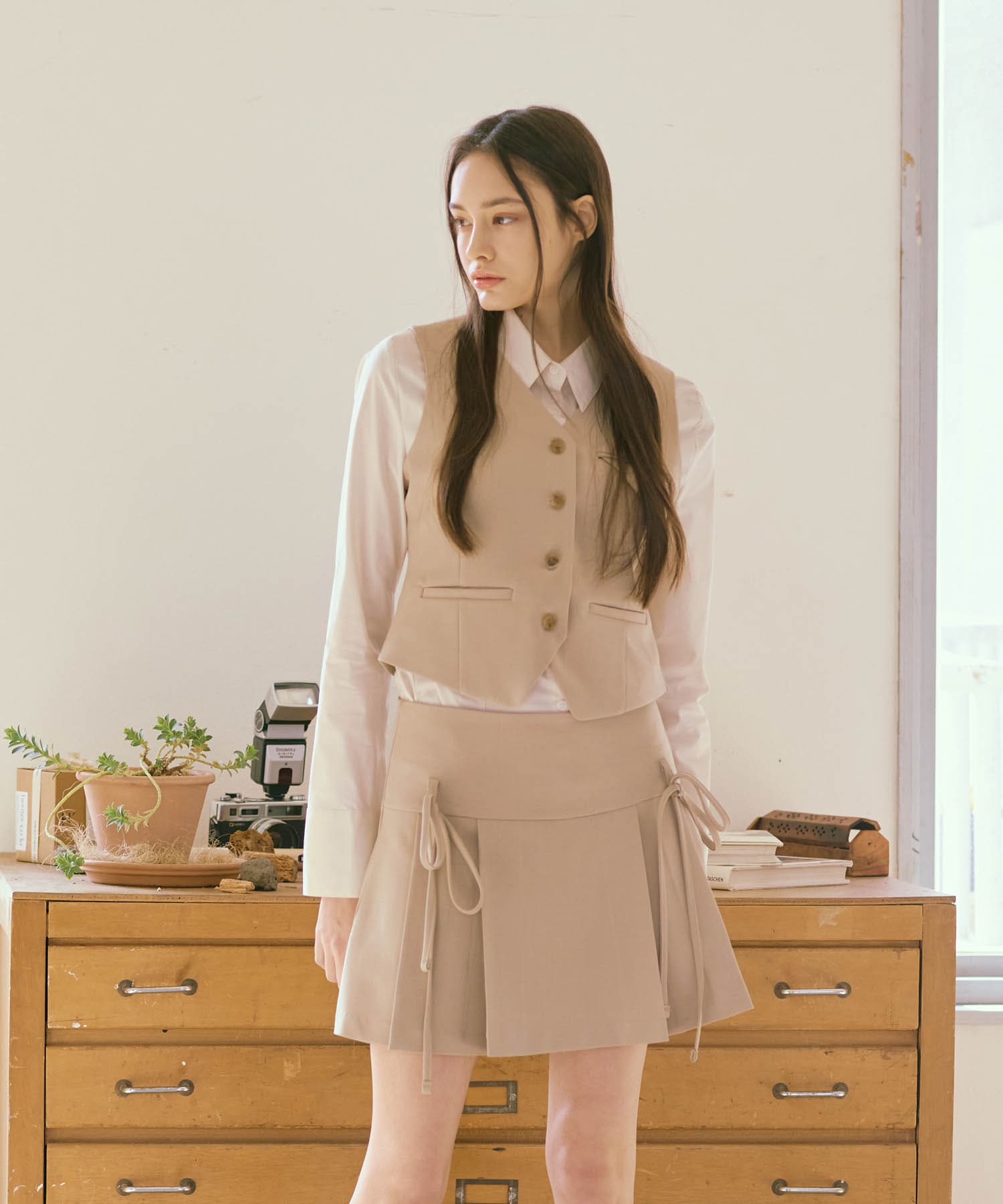 リボン プリーツ スカート (ベージュ)