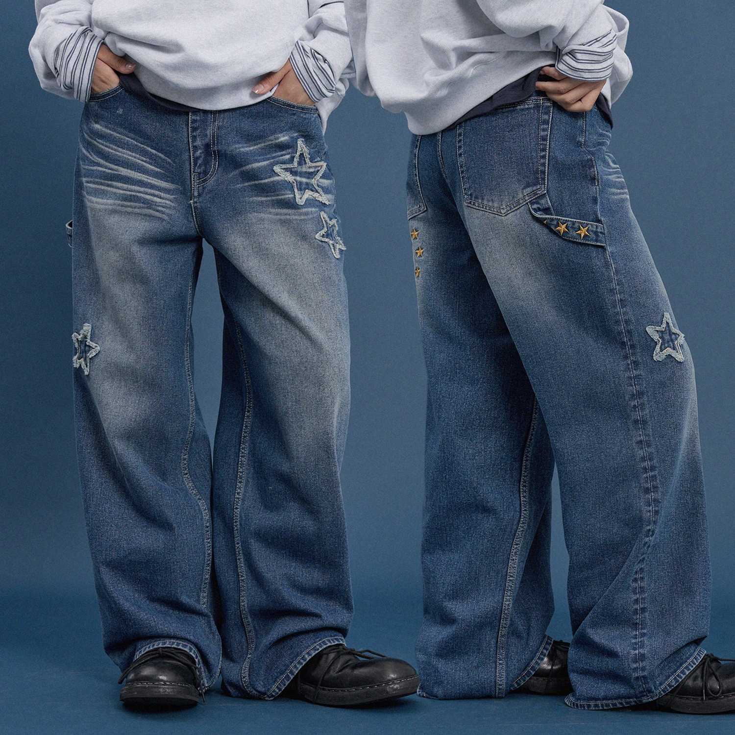 Star Applique Embroidery Denim Pants MEDIUM BLUE