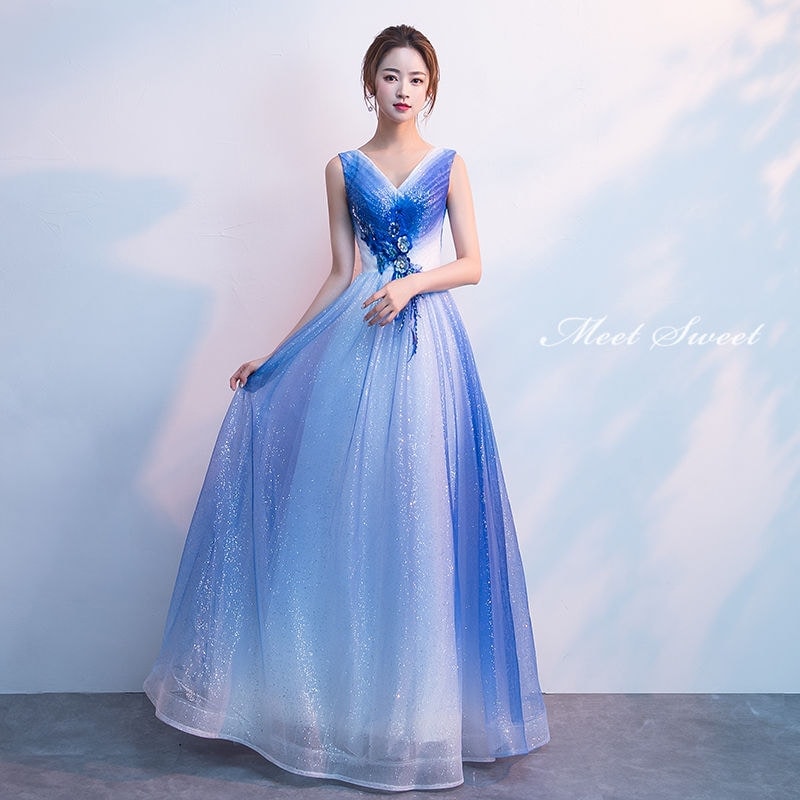 ウェディングドレス ウエディングドレス カラードレス ロングドレス 演奏会 発表会ドレス 大人 ステージドレス 舞台ドレス 演出衣装 ブルー 青 ノースリーブ コーラス コンクール ファスナー Vネッ