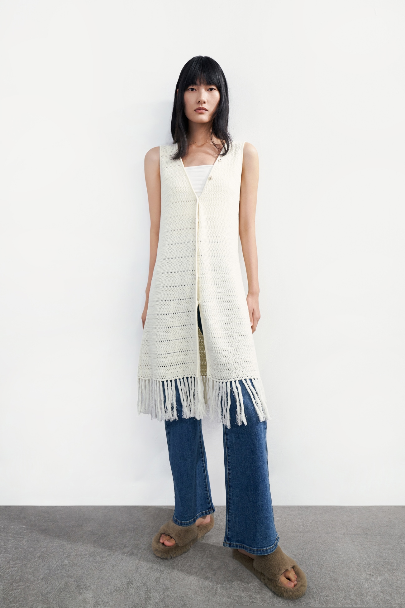 春 レディース フリンジ ノースリーブ ニット ジャケット カジュアル シンプル おしゃれ ヌードアプリコット XS S M L XL ワンピース 膝下 袖なし Uネック かわいい 大人可愛い