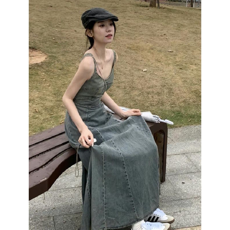 アメリカンレトロデニムサスペンダーワンピースレディース夏デザインウエスト痩せロングスカート