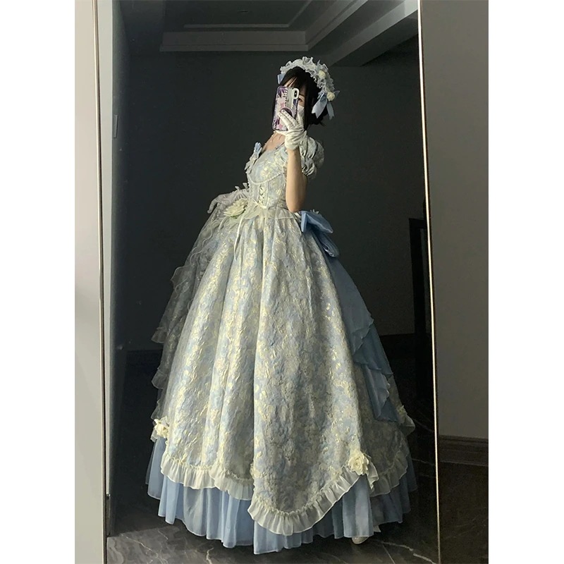 ブルーウェディングプリンセスドレスドレスロリータドレスウェディングロリータ重工テールスカート