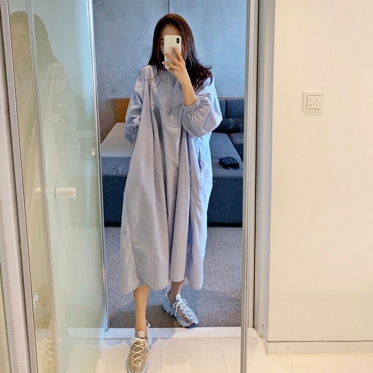 ワンピース シャツワンピース ミモレ ミモレ丈 半端丈 7分袖 七分袖 ボリューム袖 ドロップショルダー ノーカラー ワイド 切り替えデザイン ギャザー ボタン かわいい 大人可愛い きれいめ