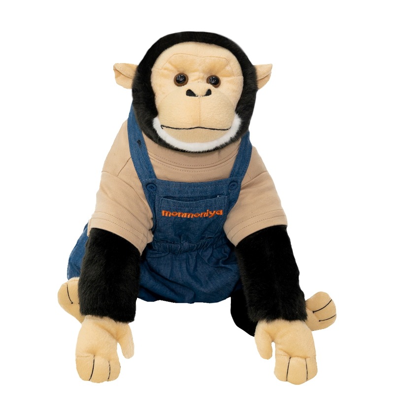 チンパンジー ぬいぐるみ デニムサスペンダーパンツ ベージュT-シャツ