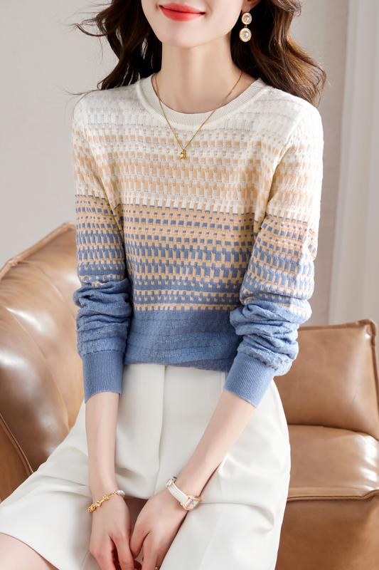 セーター レディース 春秋 長袖 ニット トップス プルオーバー ラウンドネック 薄手 ウール おしゃれ カジュアル グラデーション ストライプ 青 白