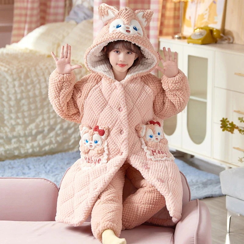 女の子のパジャマ冬のサンゴベルベット3層パッド入りコットン厚手ベルベットの女の子レナベルドレッシングガウンラウンジウェアセット