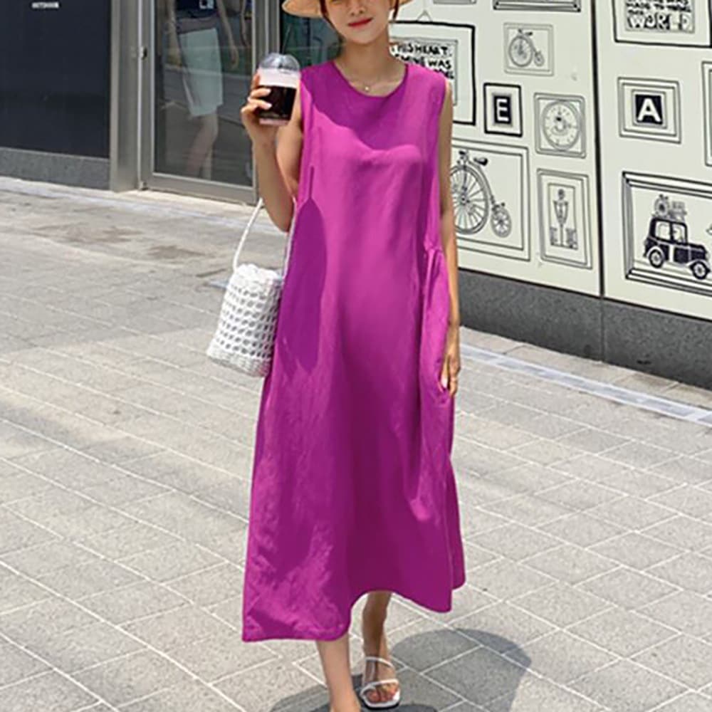 ワンピース ノースリーブ コットン 綿 リネン 麻 サマーワンピ 袖なし 薄い ラウンドネック ミモレ丈 Aライン シンプル 無地 カジュアル ラフ ルーズ ゆる ルーズウエスト ゆったり 楽ちん