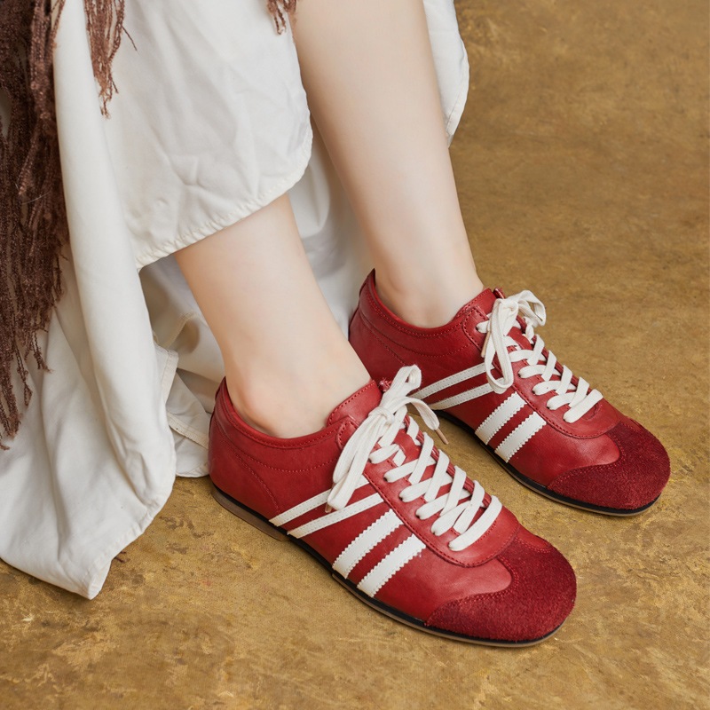 秋新作 丸型つま先カラーブロック紐締め馬革ドイツトレーニングシューズ ファッションカジュアルレディーススニーカー