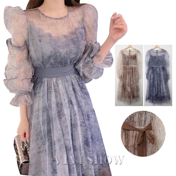 [新品入荷]パフスリーブ シアー ロング ワンピース レディース 長袖 ミモレ Aライン フレア 透け感 シースルー ゆったり 大きめ 体型カバー