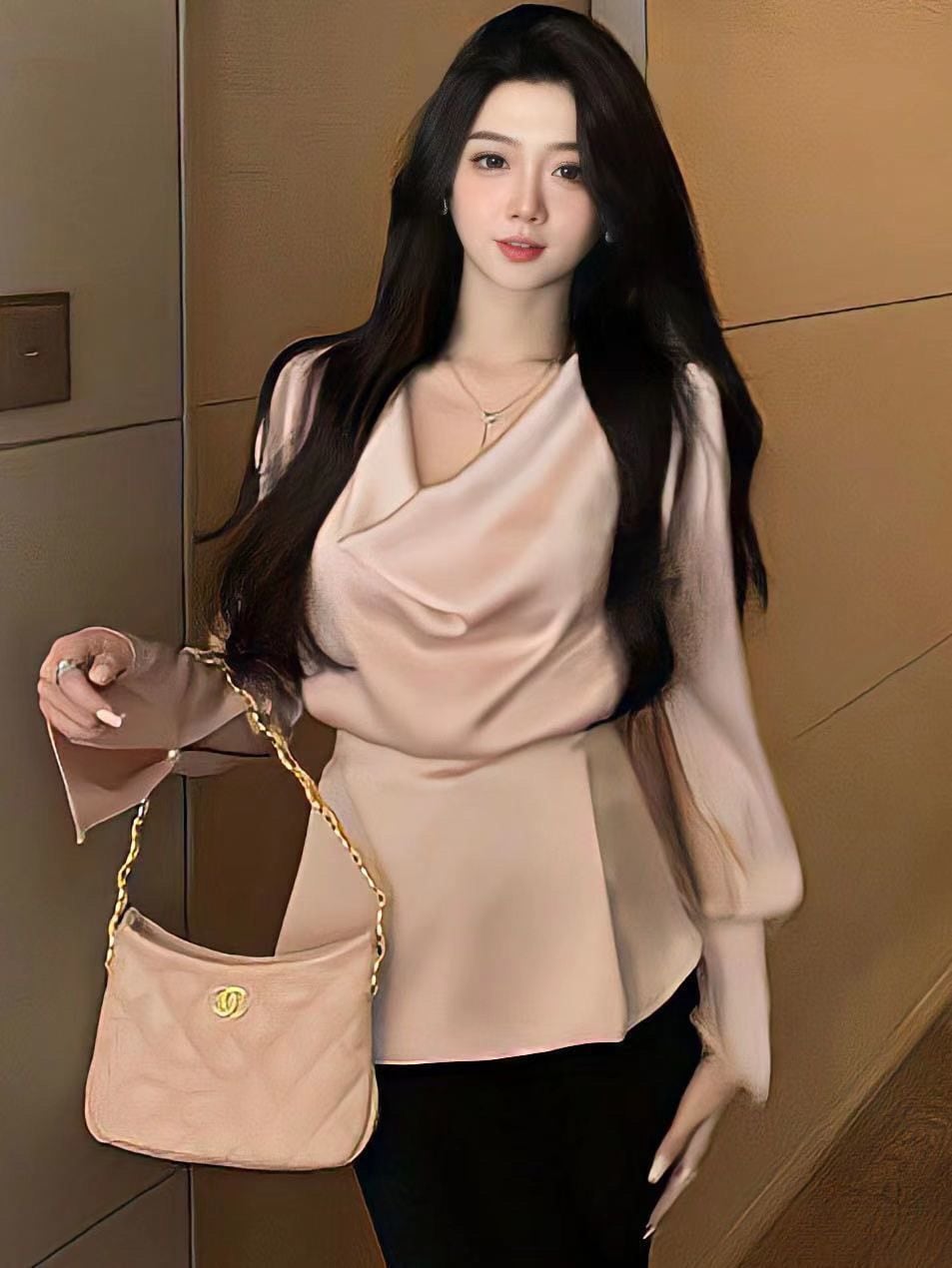 上品サテン長袖シャツ女性感変則襟元スタッズフレアスリーブウエストリボンスリムトップス