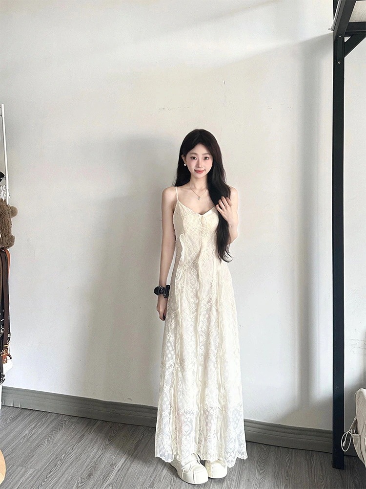 春夏 キャミソールワンピース おしゃれ かわいい 透かし彫り ミモレ丈 ロングタックラウンドネック Aライン 韓国ファッション レディース 白 シンプル お出かけ キュート 甘めフレンチ