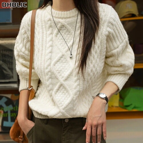 ウール混ラウンドネック長袖ルーズケーブルニット・1949234