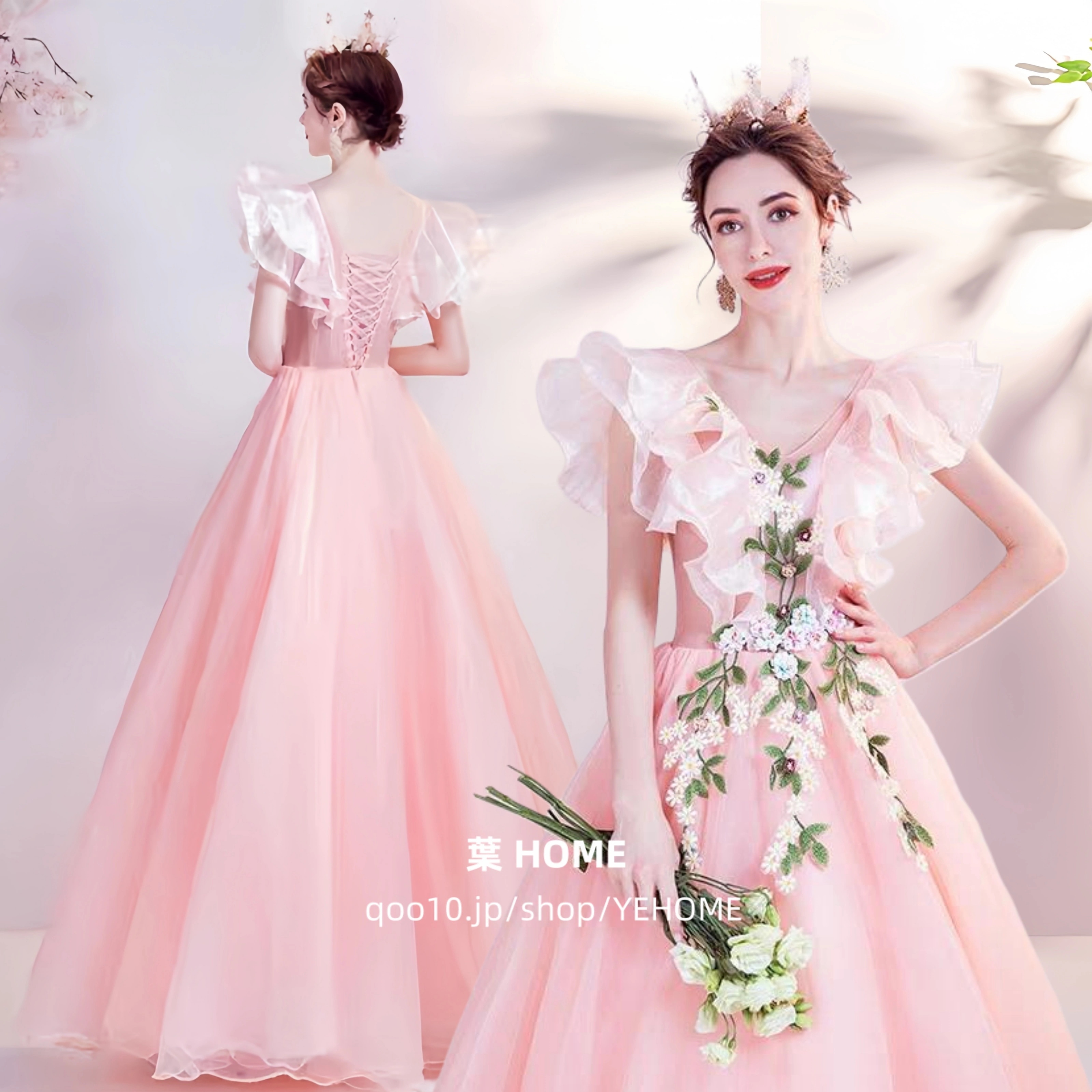 パーティードレス ウエディングドレス カラー フォトウェディング リゾート キクラゲの縁 レースの花 ランウェディング ハネムーンフォト ガーデンフォト セルフフォト ブライダル 撮影 海外挙式