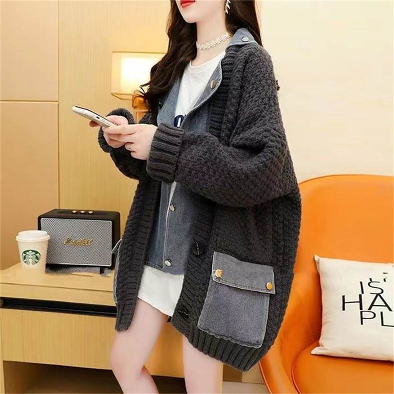 アウター レディース Gジャン ロング 長袖 フェミニン ストリート ポケット 前開き デニム ブルーデニム 異素材ミックス ニット かわいい 大人可愛い カジュアル おしゃれ こなれ感 ガーリー ル