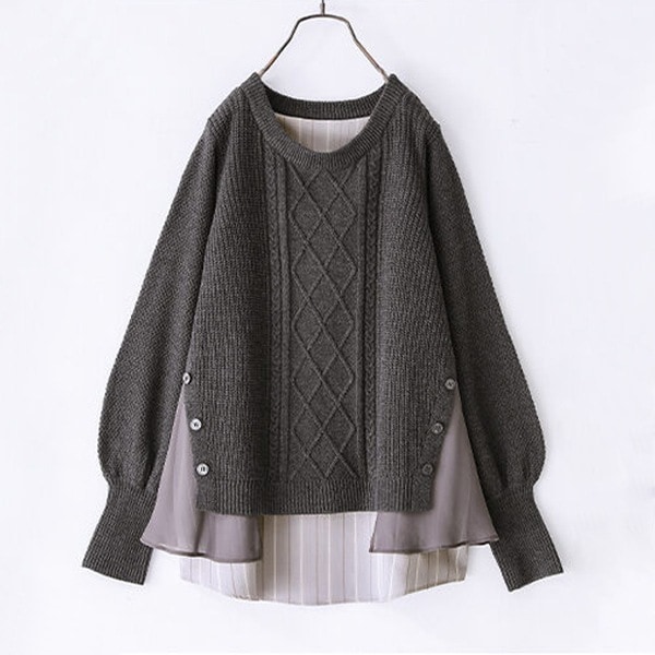 【No.1 人気商品】 シンプル 長袖 ラウンドネック 配色 ボタン レイヤード / 重ね着風 ニット