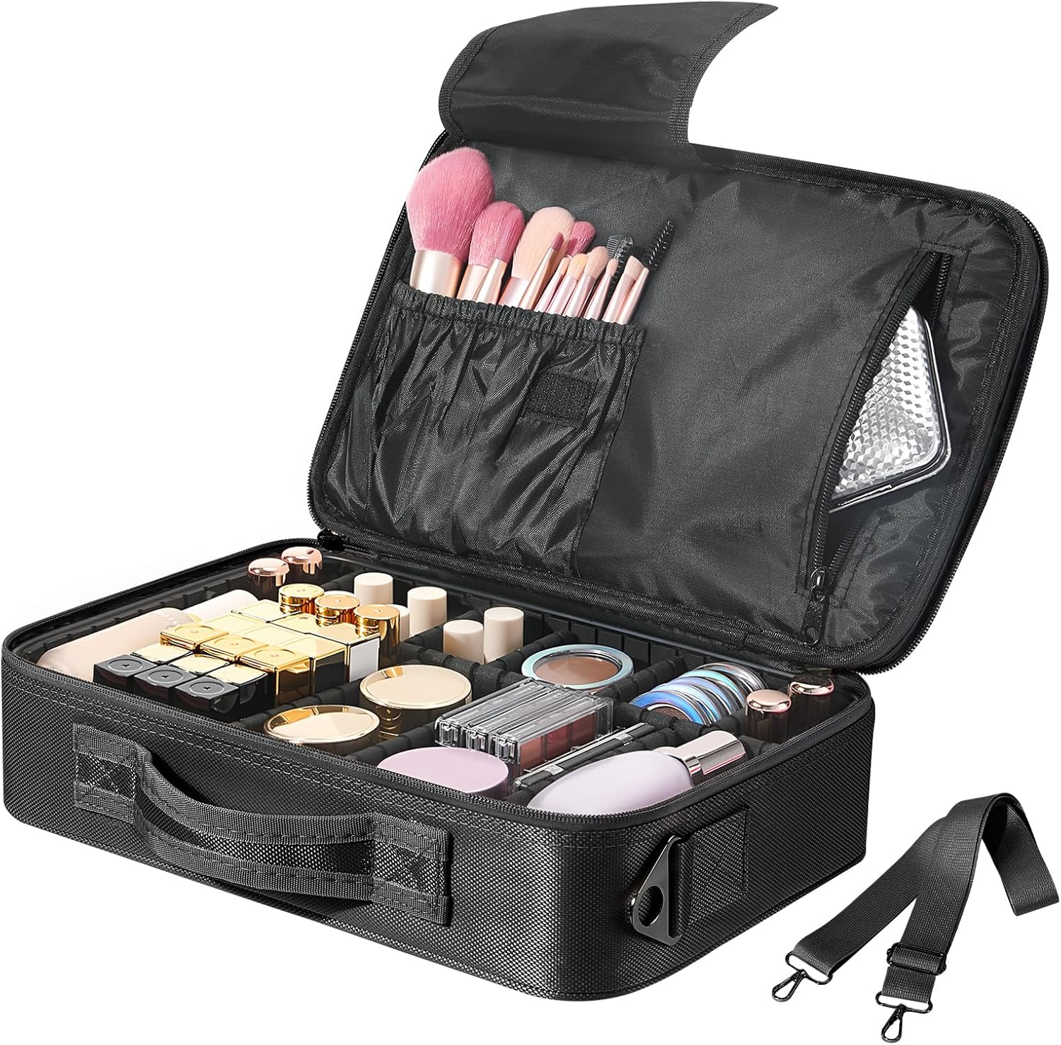 EVA化粧ポーチ 34.5*24.5*8cm 肩掛けベルト付き プロ用 仕切り 持ち運び便利 防塵 置き方調整可能 大容量 衝撃吸収 通勤・出張・旅行用 化粧品収納 Black