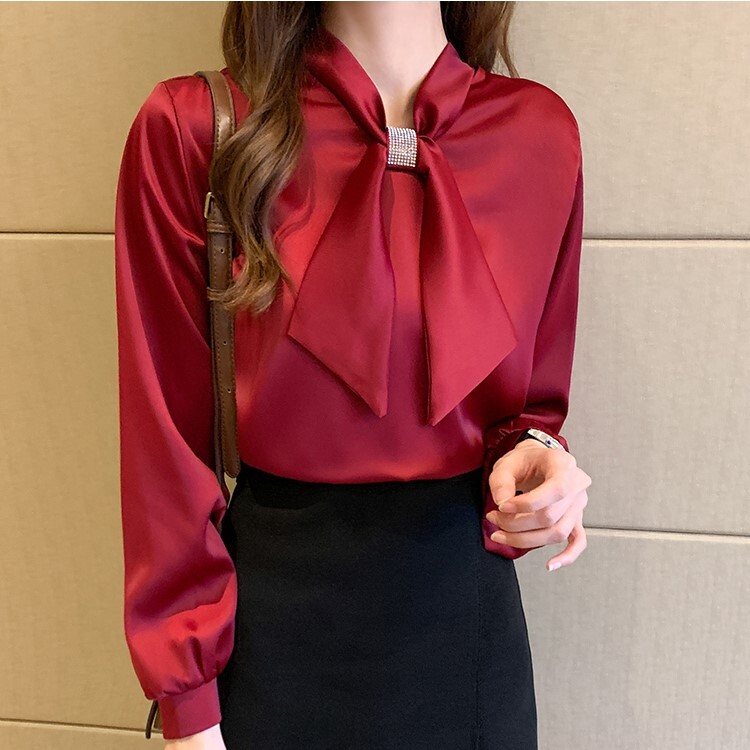 シャツ女性春秋長袖シフォンファッションデザイントップス トップス ブラウス 白トップス ミディアム丈 長袖 ボリューム袖 Vネック ストレート シフォン リボン 大人可愛い きれいめ シンプル 大人