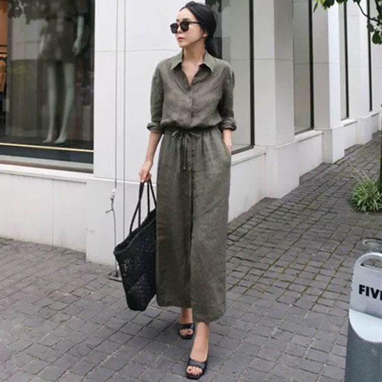 【取寄：納期2週間】ワンピース ロング丈 シャツワンピース レディース 無地 体型カバー 夏 大きいサイズ