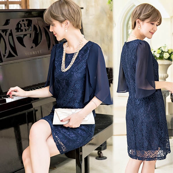 パーティードレス ネイビー 3L 即納 S M L 2L 4L 9色 大人可愛い 上品 シフォン レース 切替 ワンピース YJ-880996 膝丈 ミニ レディース 結婚式 二次会