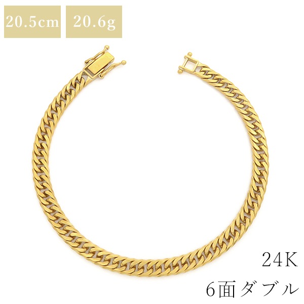 喜平 ブレスレット K24 24金 純金 20.5cm 20.6g 6面 ダブル W K24YG イエローゴールド 999AU ショッピングローン対応していません 【中古】
