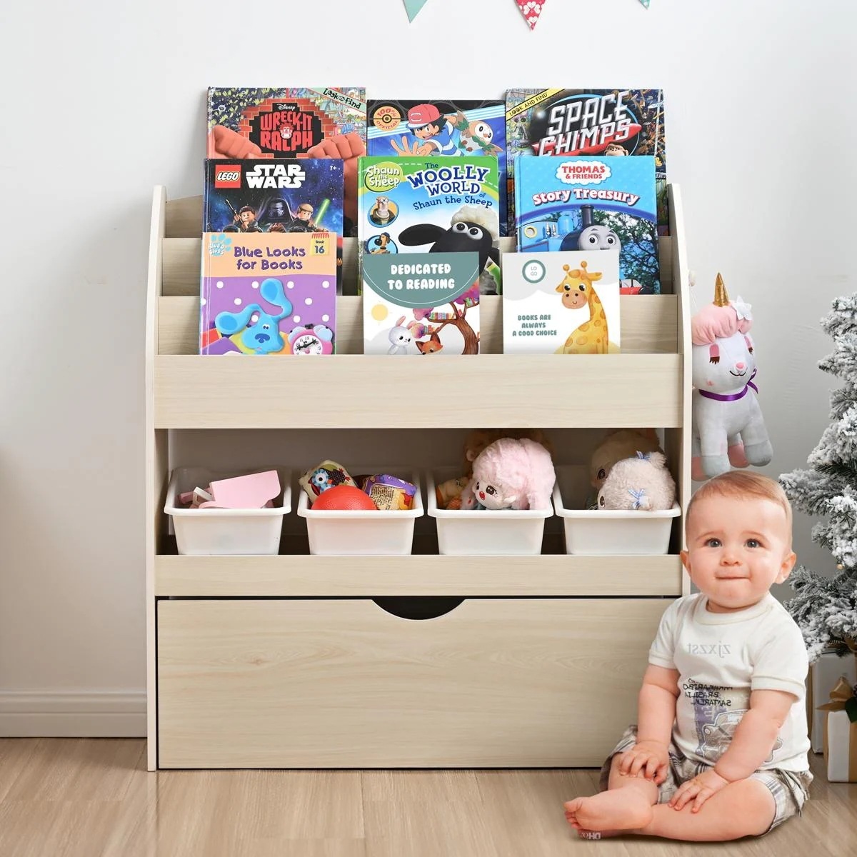 絵本ラック 収納ラック 収納 収納棚 キャスター付き 子供用シェルフ 収納ケース 子ども用 家具 木製 大容量 おもちゃ箱 Natural Solid Wood