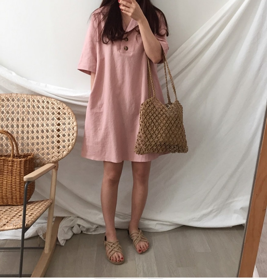 1669.Vネックコットンワンピース（ピンク）2019 春夏 sale 通学 普段使い shopping カジュアル カフェ ランチ
