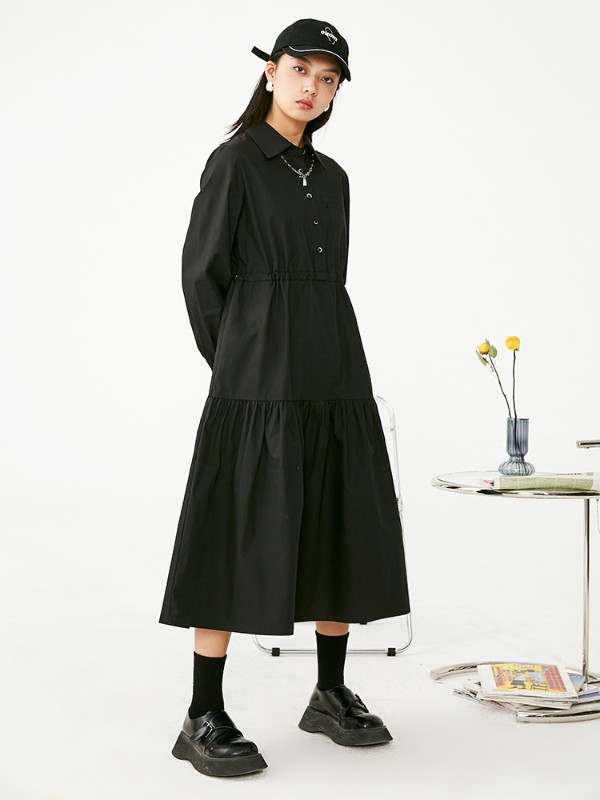 オモントエッグタルトホームレトロゆったり長袖シャツワンピースレディースロングスリムブラックケーキスカート春と秋