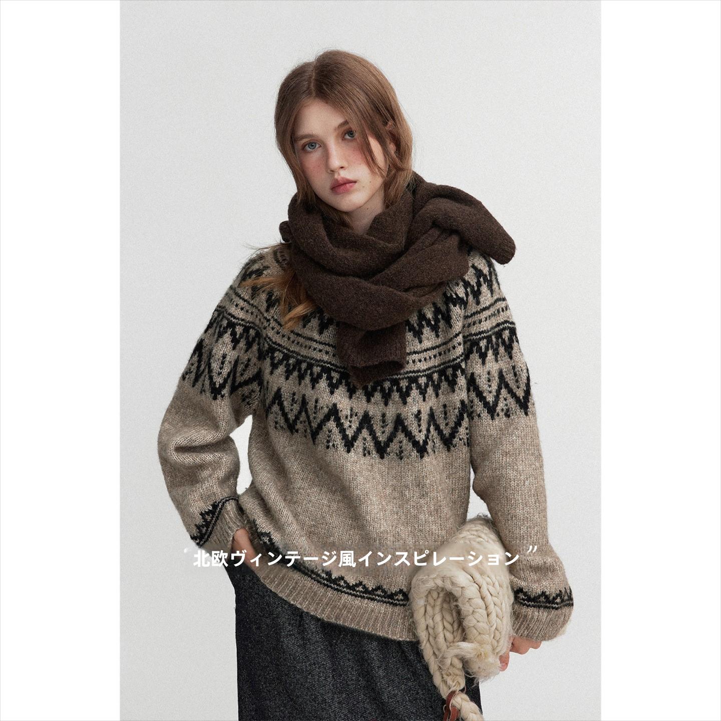 gifts for women keep warm アイスランドは雪が降るレトロふわふわハイアルパカ幾何学ジャカードクルーネックセーター女性用