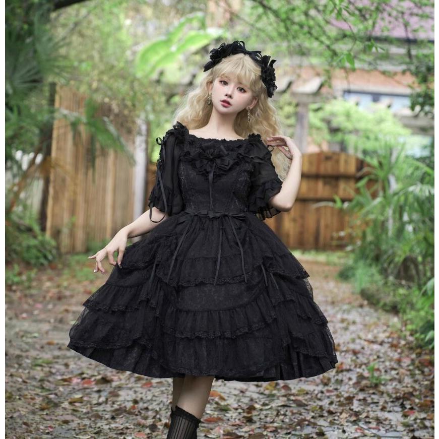 可愛いロリータ服 ロリータワンピース プリンセスドレス ケーキスカート JSK キャミソールワンピース シャツ お姫様ドレス パーティードレス 膝丈 レーススカー