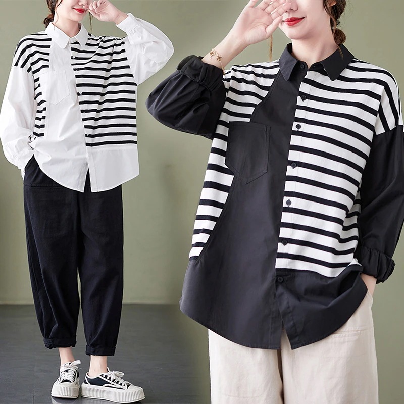 春でもブラウス欧米英伦風しま不規則切り替え長袖シャツ通勤百掛けゆとりカジュアル大きいサイズ 着痩せ効果長袖ブラウスQYYF84