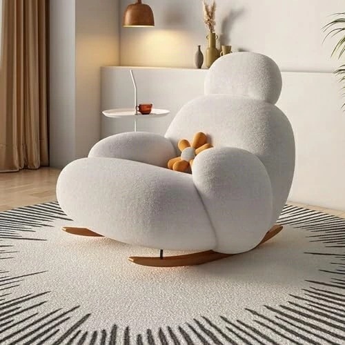 ロッキングチェア リビングルームごろごろロッキングチェア バルコニーリラックスチェア ラウンジチェア 白いイミテーションウサギのダウンチェア おしゃれ 快適 サンラウンジャー くつろぎ 寝室 バルコニ