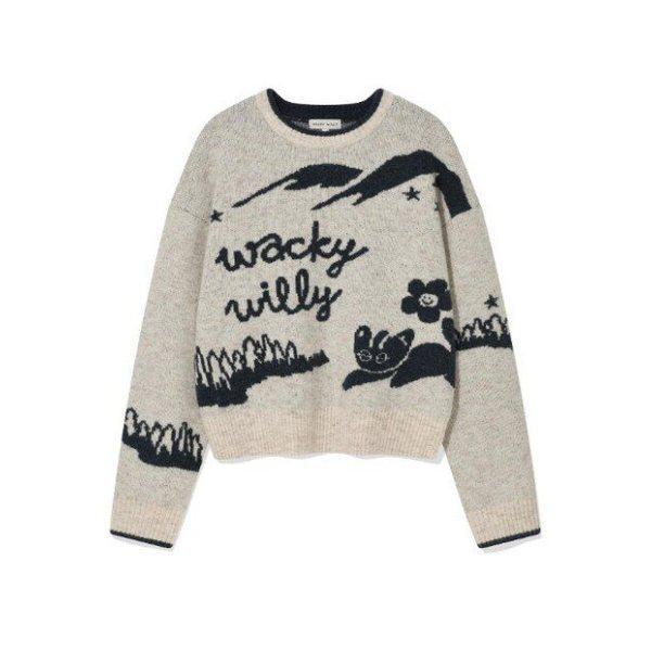 ワキウィリー長袖Tシャツ KQJ WA2503KT67OT ウーマンズ ジャガード グラフィック プルオーバー オートミール