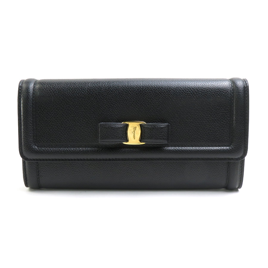 サルヴァトーレフェラガモ Salvatore Ferragamo 長財布 ヴァラリボン レザー ブラック ゴールド レディース h29902f